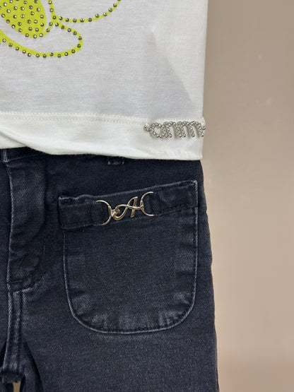 Conjunto Infantil Blusa Minnie Verde Melão Pérola e Calça Jeans Preta - Animê