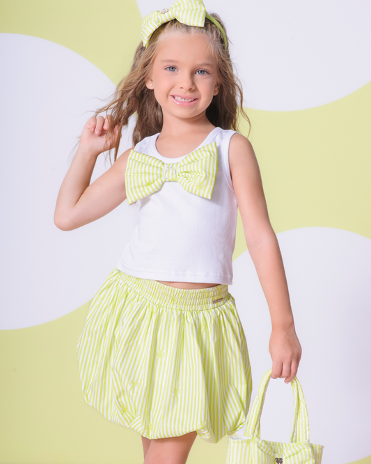 Conjunto Infantil Regata Cropped Maxi Laço Puffer Listrado e Saia-short Algodão Balonê Listrada - Pituchinhus