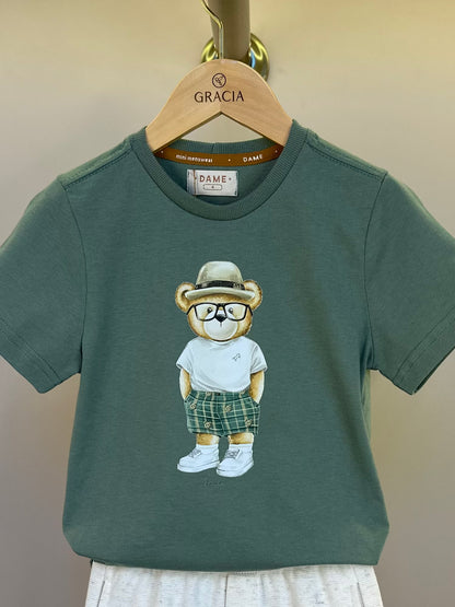 Conjunto Infantil Camiseta Algodão Teddy Chapéu Panama e Bermuda Moletom Algodão Linho - Dame