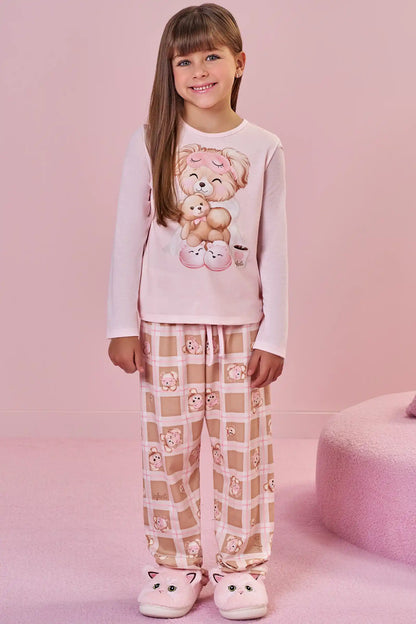 Pijama Infantil Blusa ML Ursinha de Máscara e Calça Estampada Rosa Claro - Infanti
