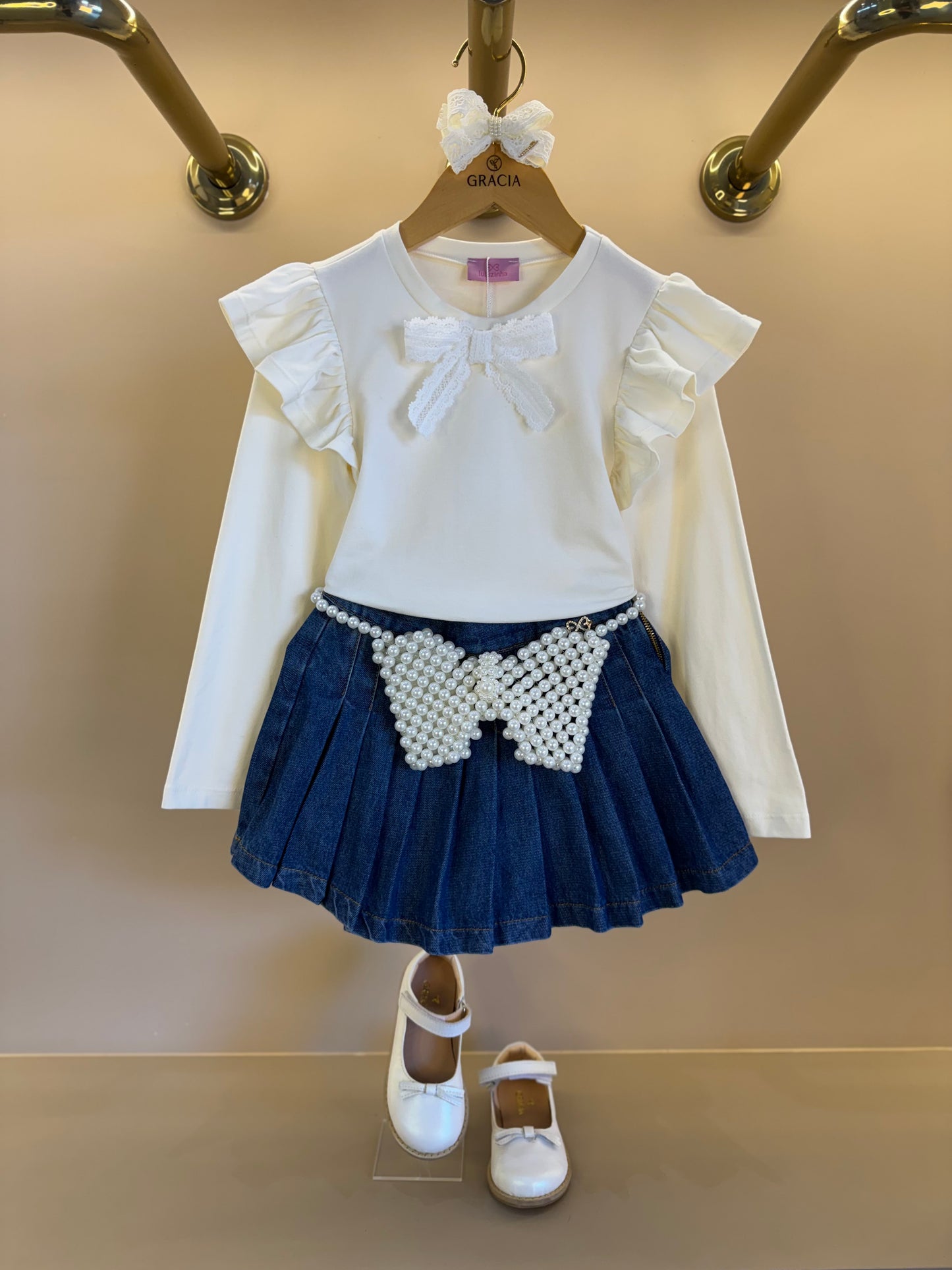 Conjunto Infantil Blusa ML Laço e Saia-shorts Jeans Pochete Laço Pérolas - Luluzinha