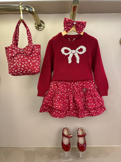 Conjunto Infantil Blusa Tricot Laço Bordado Pérolas E Cristais Bala de Cereja e Saia-shorts Mini Flores Babados e Laços