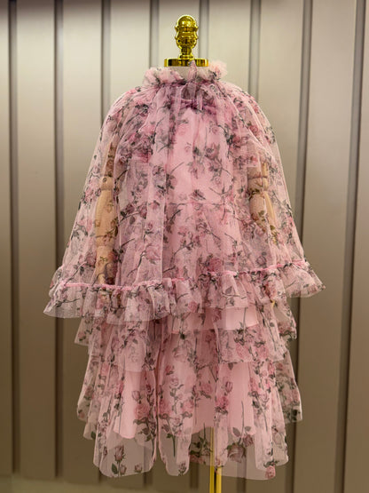 Vestido Infantil Festa Princesa Tule Floral Rodado Rosa - Luluzinha