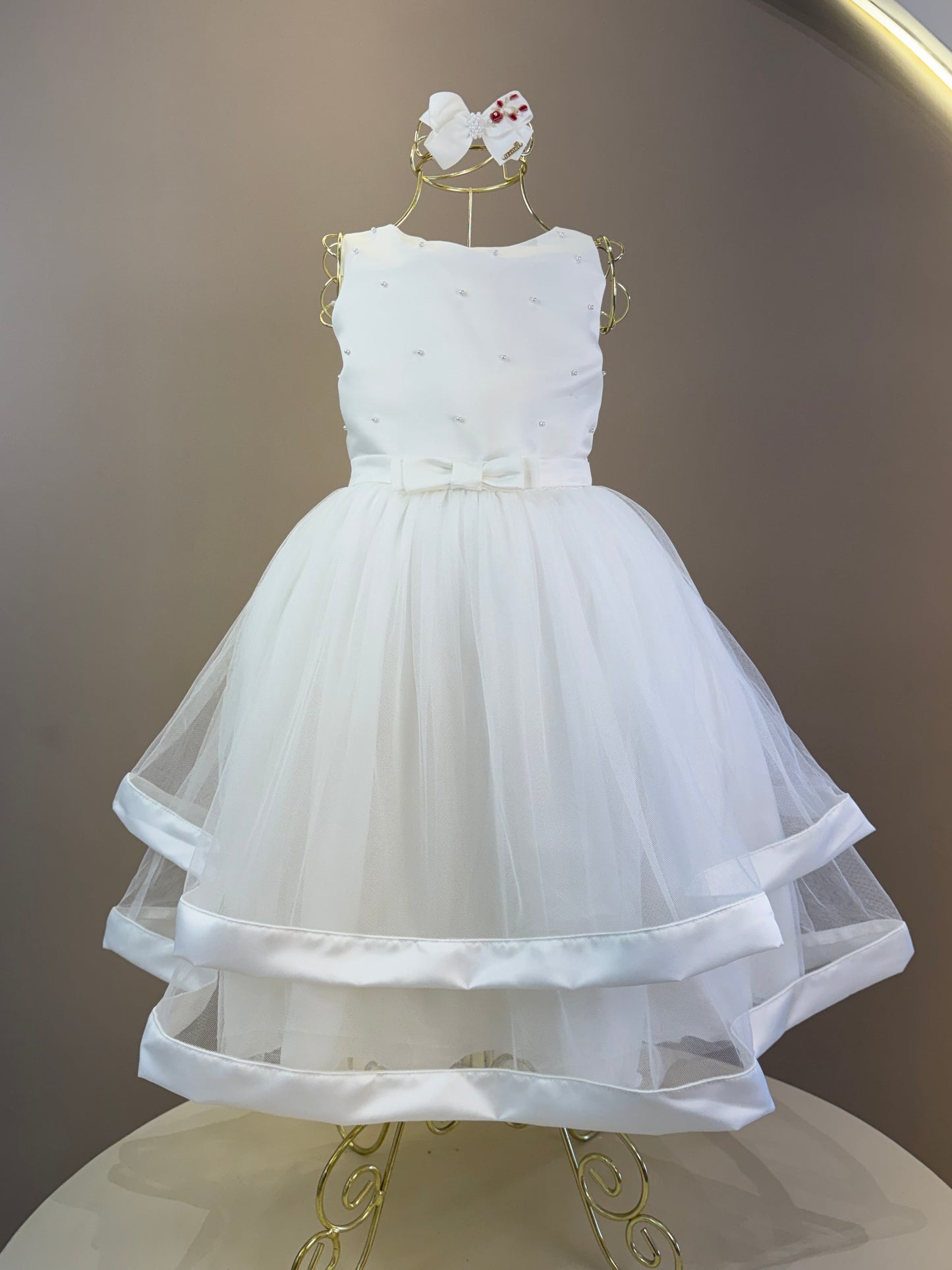 Vestido Infantil Festa Dama Midi Tule Pérolas Off - Petit Cherie
