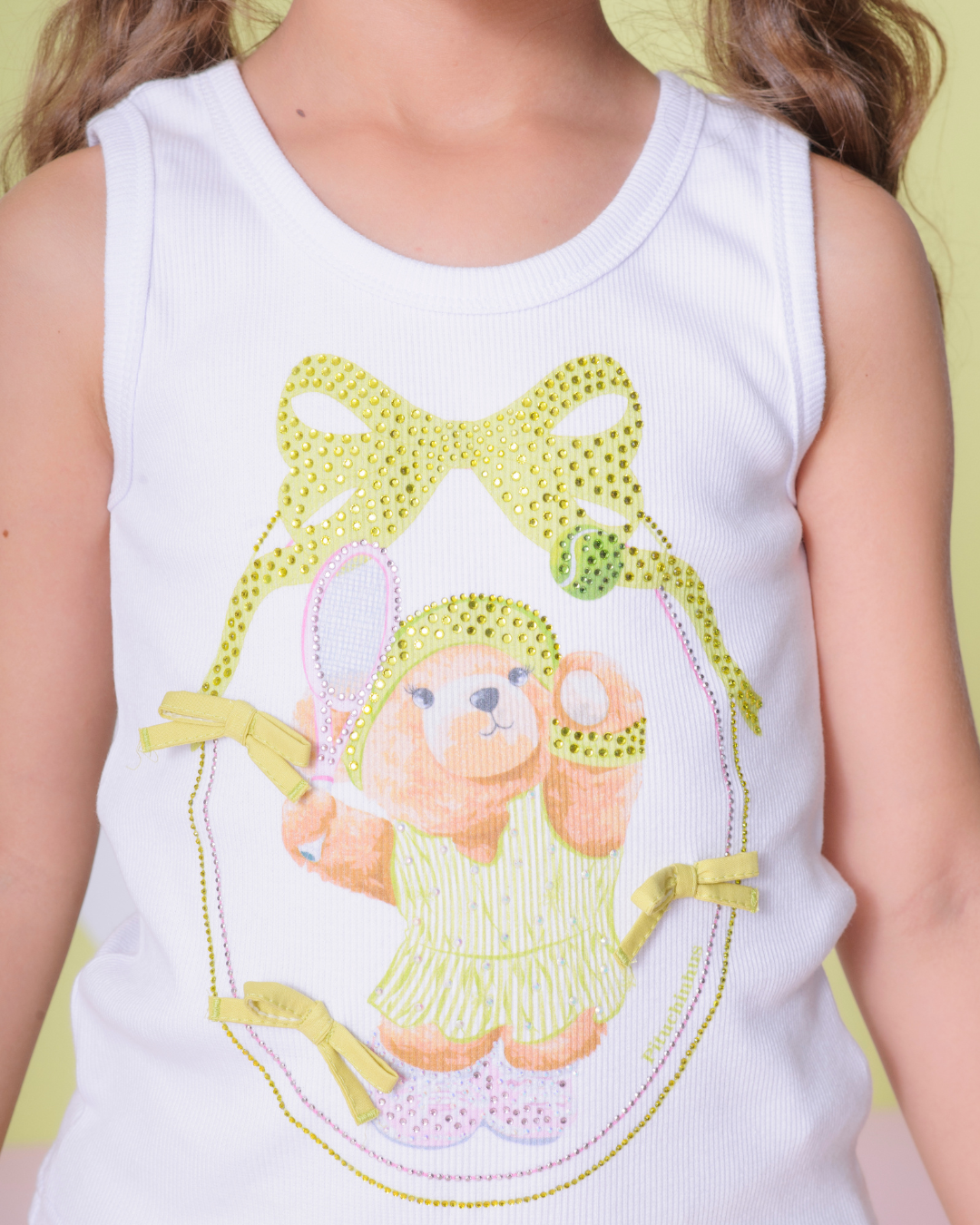Conjunto Infantil Regata Ribana Ursinha Laços e Calça Algodão Reta Detalhe Cós com Pregas Listradas - Pituchinhus