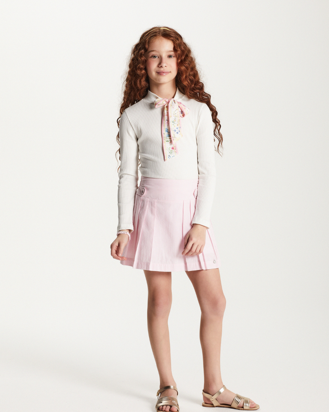 Conjunto Infantil Blusa Tricot Gola Lenço e Saia Xadrez Rosa - Um Mais Um PRÉ-VENDA