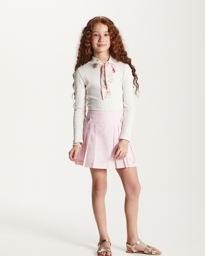 Conjunto Infantil Blusa Tricot Gola Lenço e Saia Xadrez Rosa - Um Mais Um PRÉ-VENDA