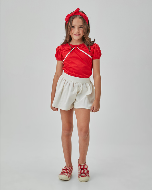 Conjunto Infantil Blusa Algodão Mangas Balonê e Short Evasê Sarja - Beabá