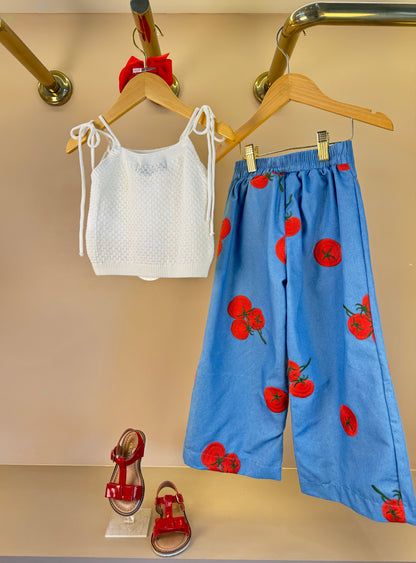 Conjunto Infantil Blusa Branca Calça Bordado Tomate - Animê