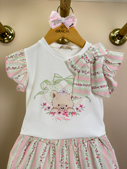 Conjunto Infantil Blusa Ursinha Laço Lateral e Shorts Linho - Petit Cherie