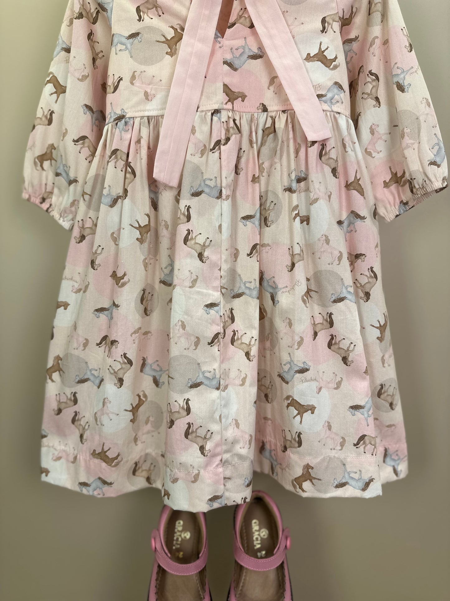 Vestido Infantil Algodão Estampa Cavalinhos e Poá Bolsos Rosa - Pituchinchus