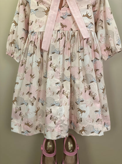 Vestido Infantil Algodão Estampa Cavalinhos e Poá Bolsos Rosa - Pituchinchus