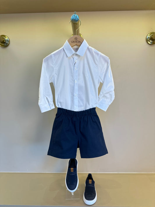 Conjunto Bebê Camisa-body Algodão ML Branco e Bermuda Social Marinho - Dame