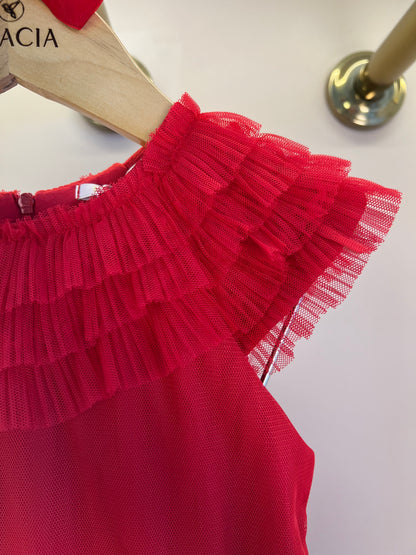 Vestido Infantil Tule Vermelho Gola Babados e Laço Cintura - Petit Cherie
