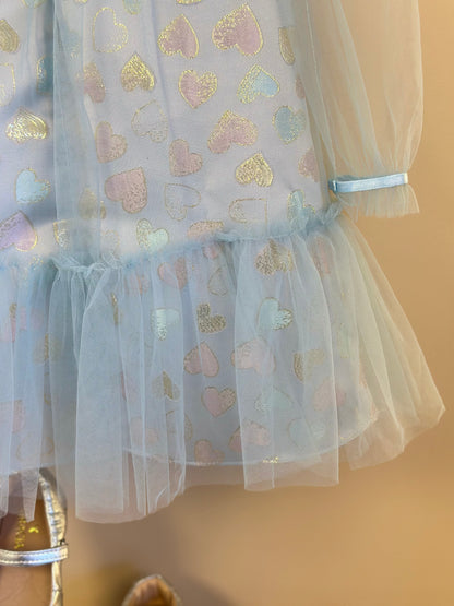 Vestido Infantil Trapézio ML Tule Jacquard Corações Azul - Petit Cherie