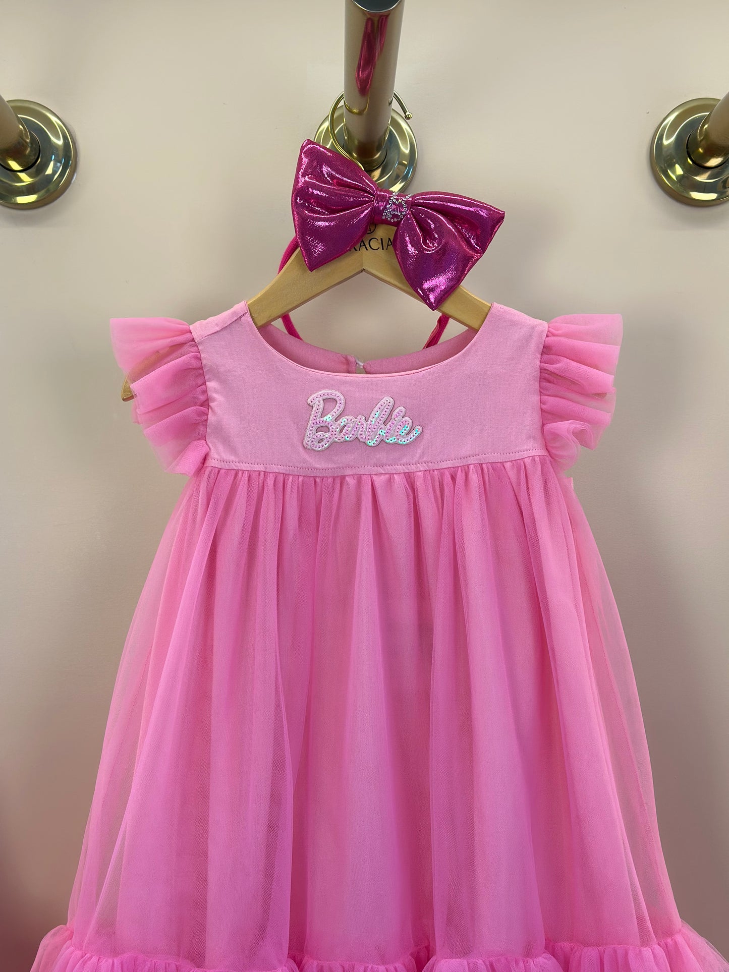 Vestido Infantil Tule Patche Barbie Rosa Ópera - Pituchinhus