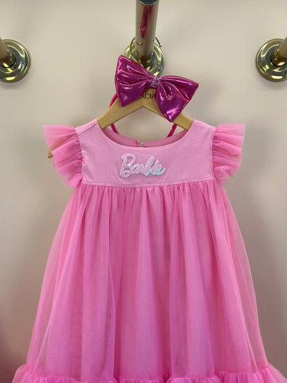Vestido Infantil Tule Patche Barbie Rosa Ópera - Pituchinhus