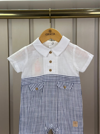 Romper Bebê Camisaria Algodão Cambraia e Fio Tinto Gola e Lapela Marinho - Um Mais Um