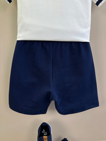 Conjunto Infantil Camisa Polo Branca e Bermuda Azul Marinho - Youccie