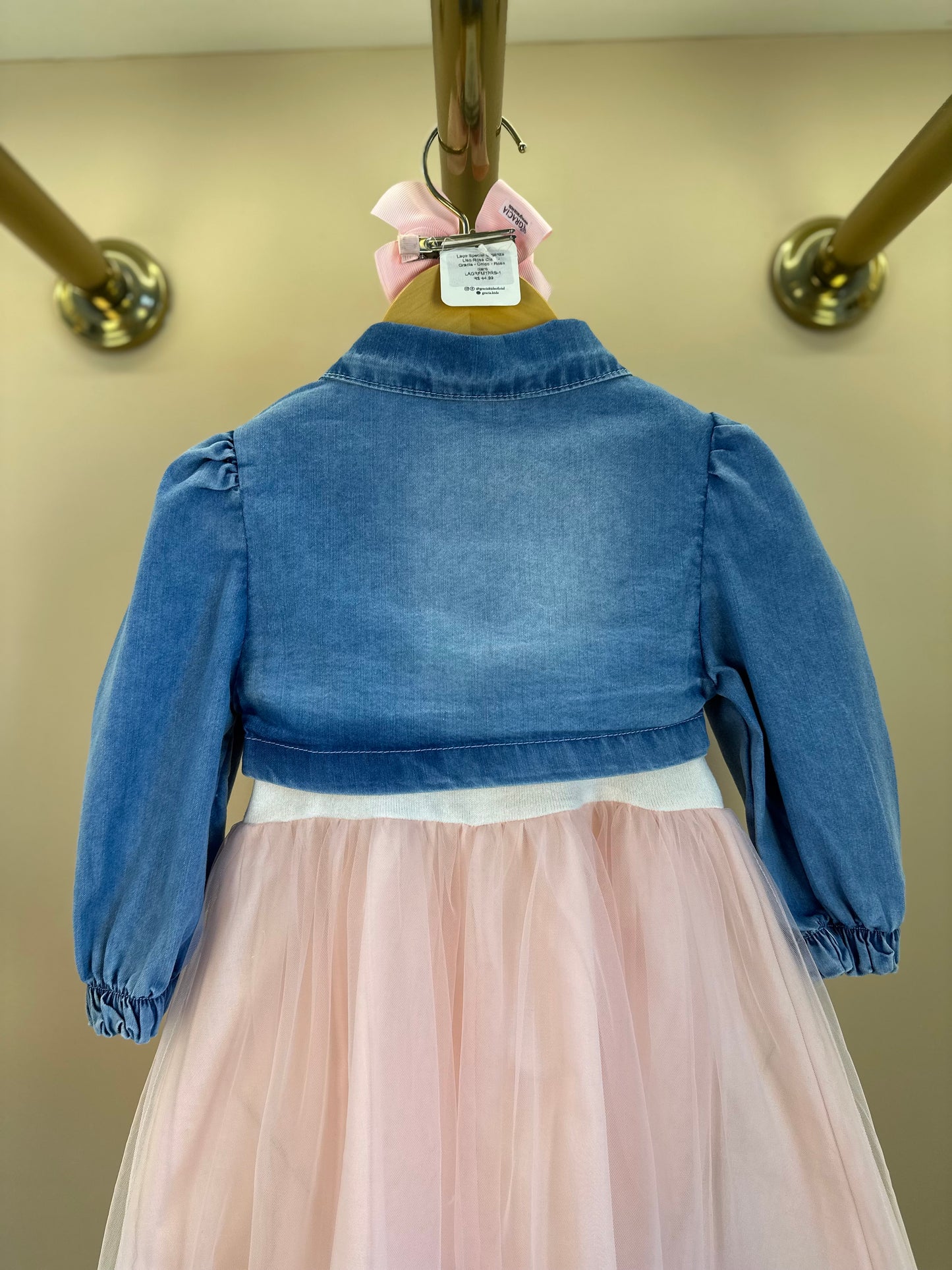 Vestido Infantil Tule Rosa Com Jaquetinha Jeans Laços - Gabriela Aquarela