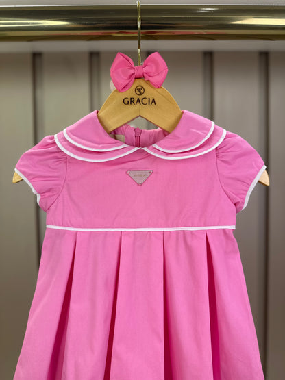 Vestido Bebê Algodão Com Calcinha E Gola Pregas Tricoline Pink - Um Mais Um