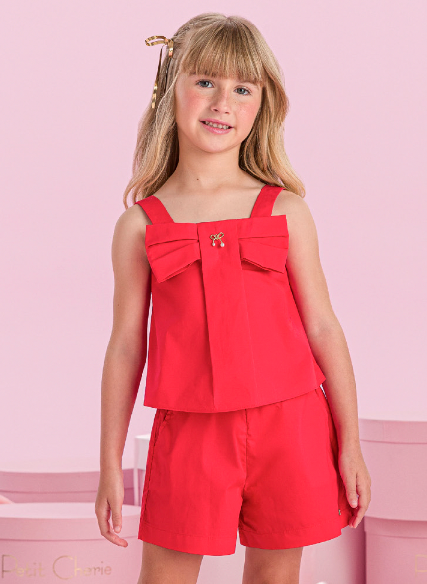 Conjunto Infantil Algodão Vermelho Blusa Pingente Laço e Shorts - Petit Cherie