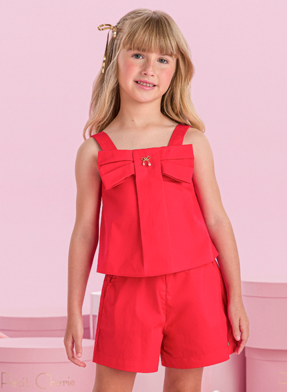 Conjunto Infantil Algodão Vermelho Blusa Pingente Laço e Shorts - Petit Cherie