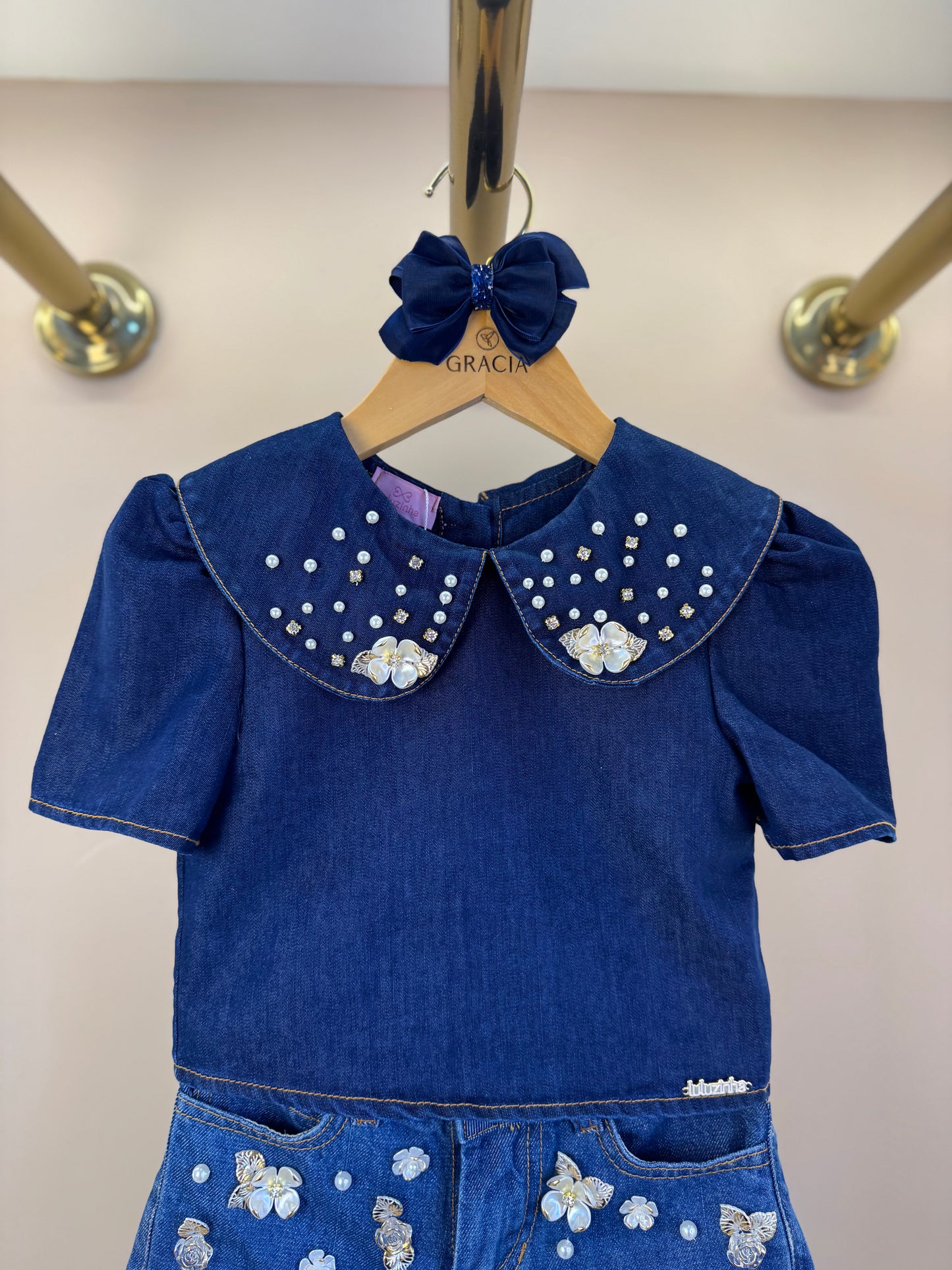 Conjunto Infantil Blusa Jeans Bordada Flores e Short Jeans Branco - Luluzinha