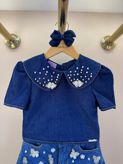 Conjunto Infantil Blusa Jeans Bordada Flores e Short Jeans Branco - Luluzinha