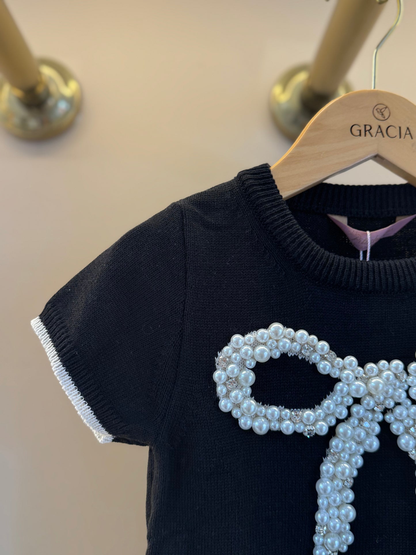 Blusa Infantil Tricot Maxi Laço Bordado Pérolas e Cristais Preta - Pituchinhus