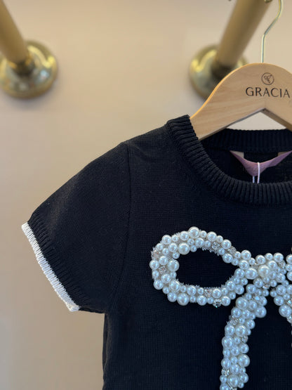Blusa Infantil Tricot Maxi Laço Bordado Pérolas e Cristais Preta - Pituchinhus