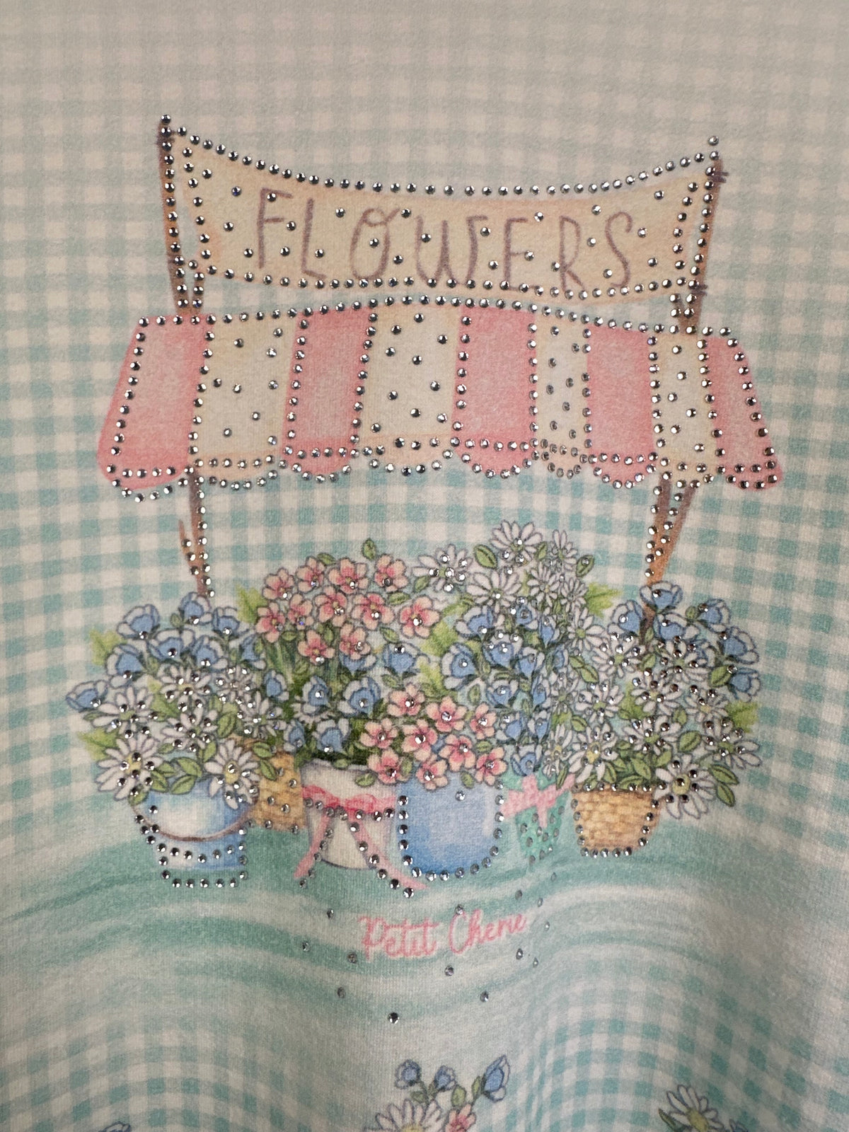 Vestido Infantil Quadriculado Azul Claro Flores e Strass - Petit Cherie