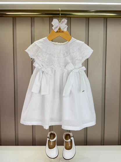 Vestido Bebê Algodão Gola Babados Bordada com Lacinhos Branco - Roana