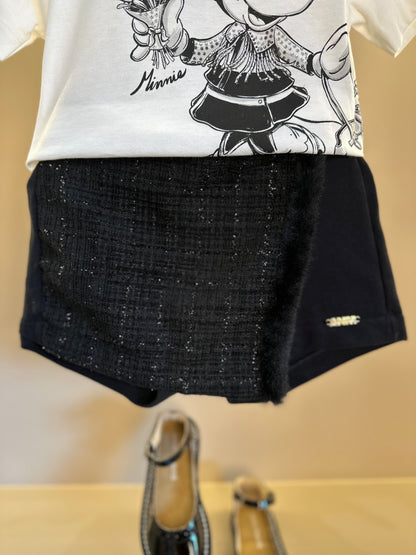 Conjunto Infantil Blusa Minnie Buquê & Mickey Pérola e Shorts Conceito Tweed Preto - Animê