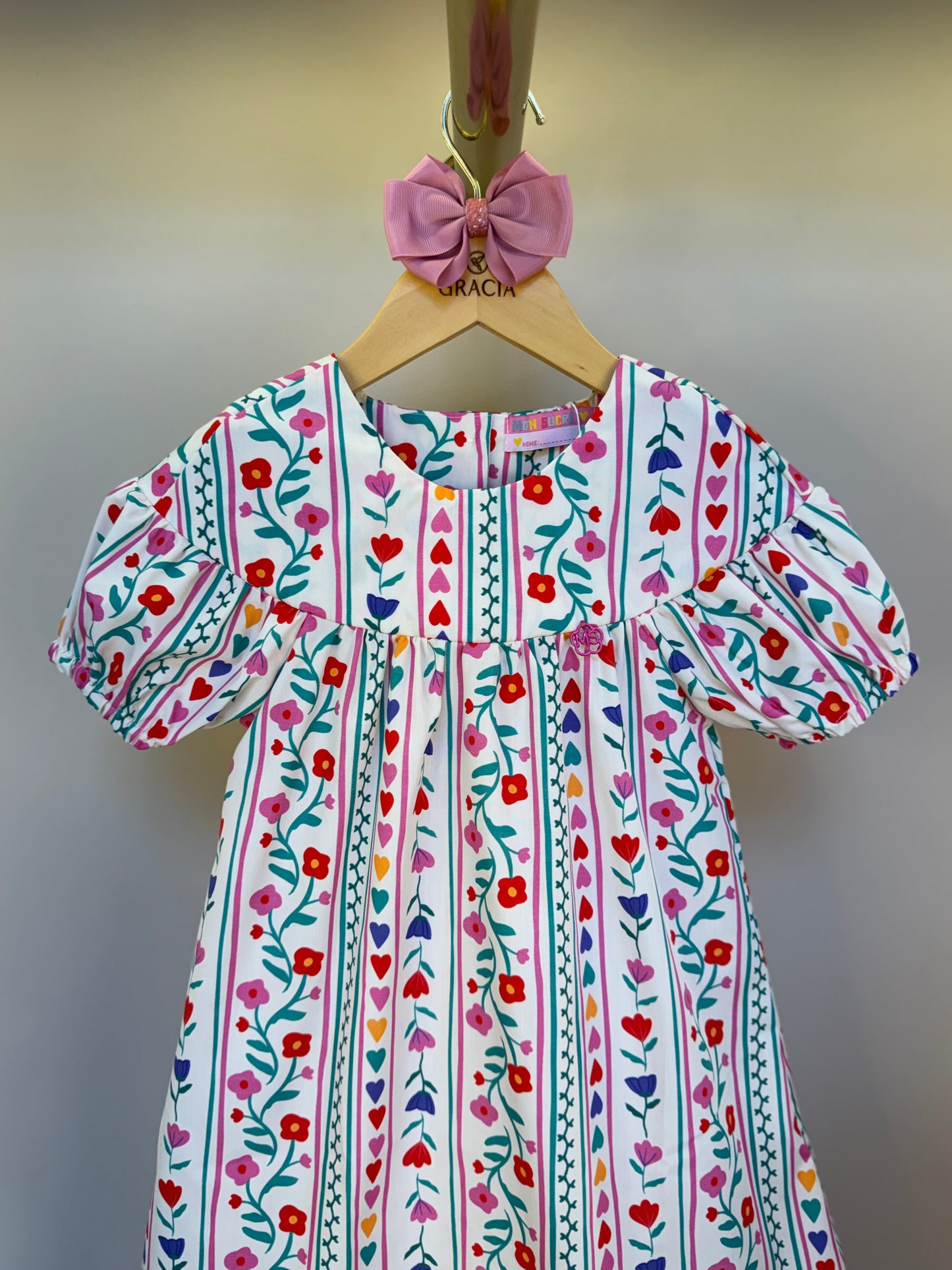 Vestido Infantil Trapézio Tricoline Flores e Corações - Mon Sucre