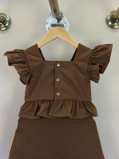 Conjunto Infantil Blusa e Shorts  Sarja Bordado Manual Marrom - Luluzinha