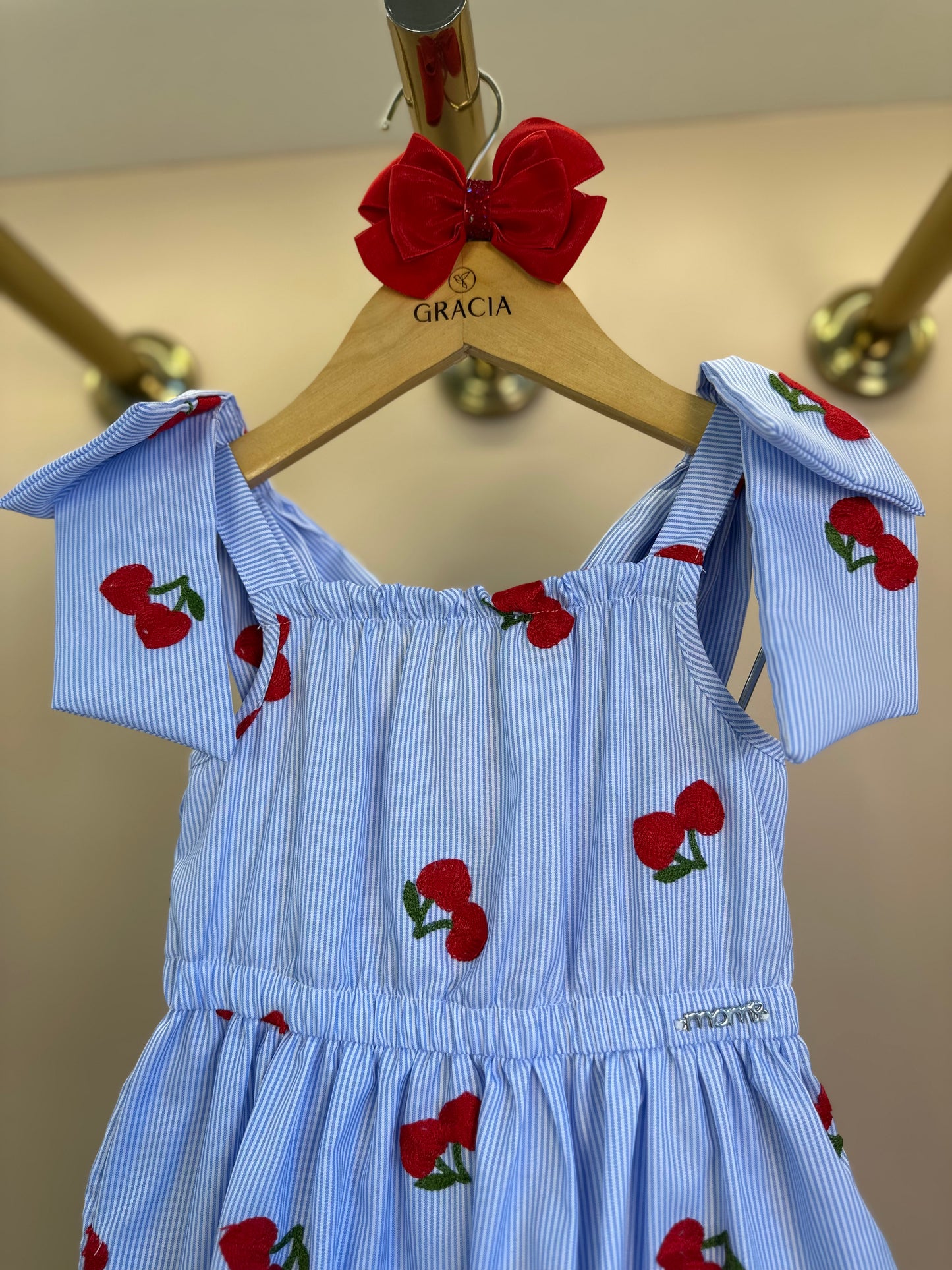 Vestido Infantil Listrado Azul Cerejinhas - Momi