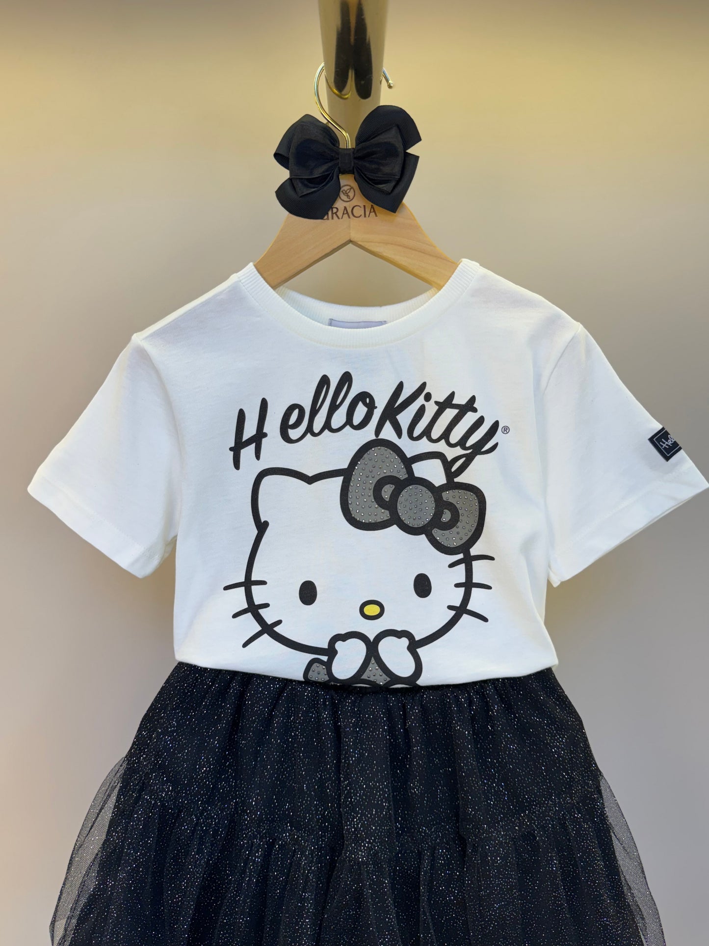 Conjunto Infantil Blusa Hello Kitty Strass com Saia Tule Glitter - Momi