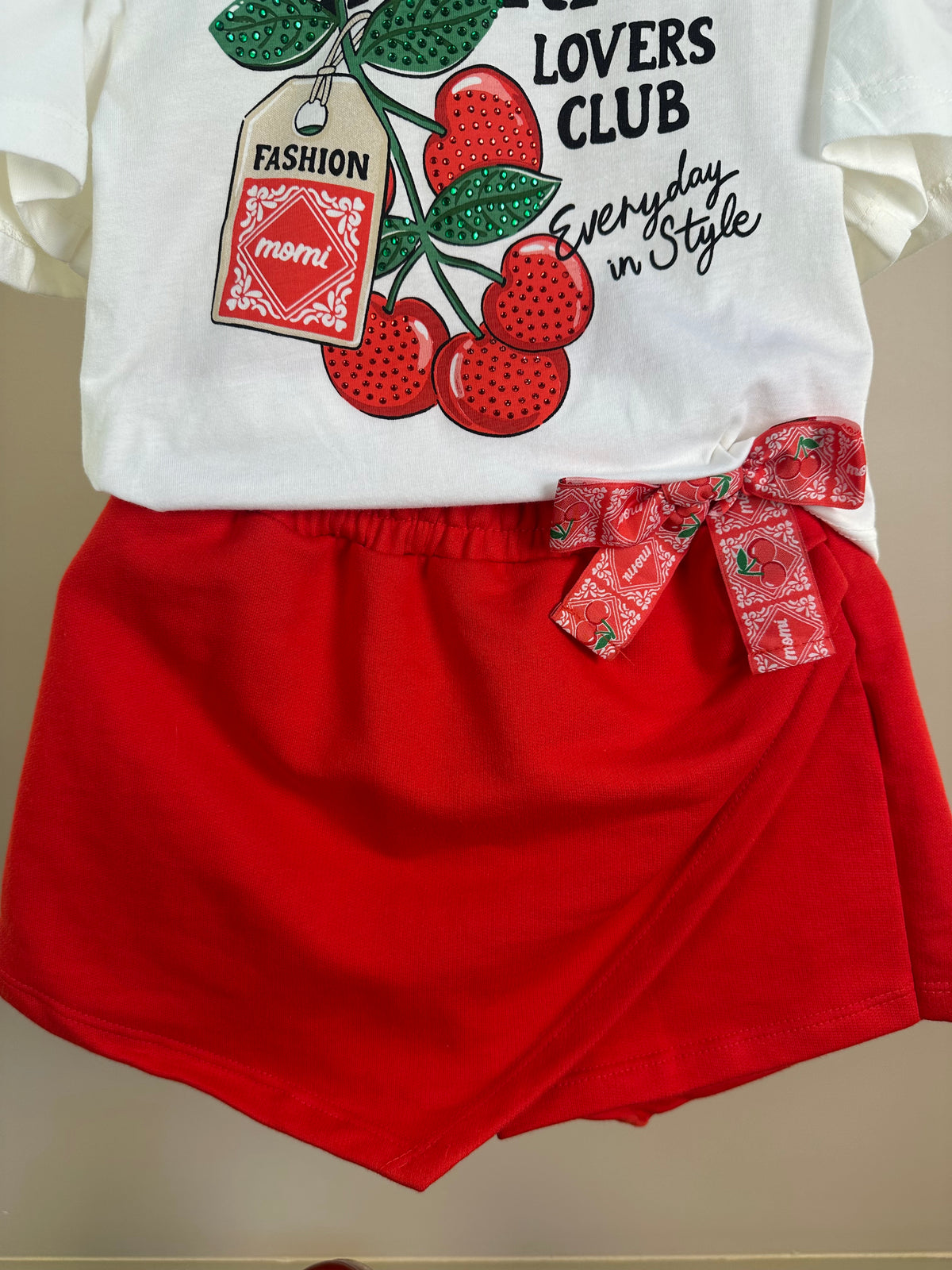 Conjunto Infantil Blusa Cherry e Shorts Saia Laço Lateral - Momi