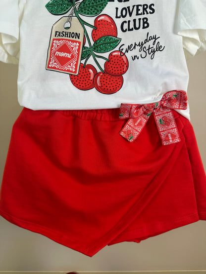 Conjunto Infantil Blusa Cherry e Shorts Saia Laço Lateral - Momi