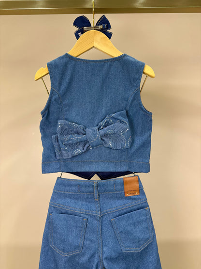 Conjunto Infantil Colete e Calça Jeans Bordada Tule Flores - Animê