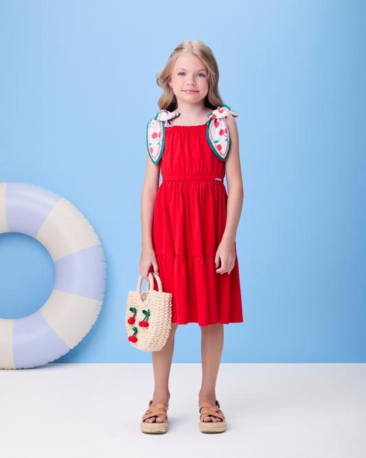 Vestido Infantil Algodão Vermelho Laços de Lenço Cerejinha - Momi