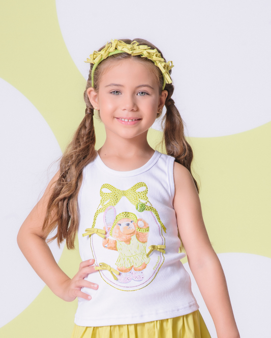 Conjunto Infantil Regata Ribana Ursinha Laços e Calça Algodão Reta Detalhe Cós com Pregas Listradas - Pituchinhus