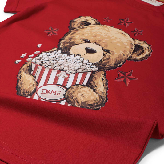 Conjunto Infantil Camiseta Teddy Pipoca e Bermuda Linho Elastano Bege - Dame PRÉ-VENDA