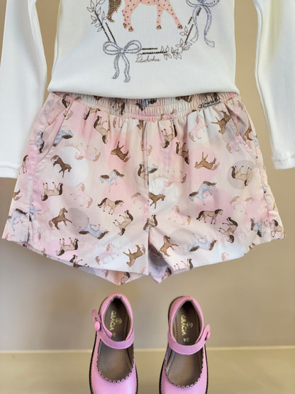 Conjunto Infantil Blusa Rib Moldura Cavalinho Cristal Off White e Shorts Cavalinhos Rosa - Pituchinhus