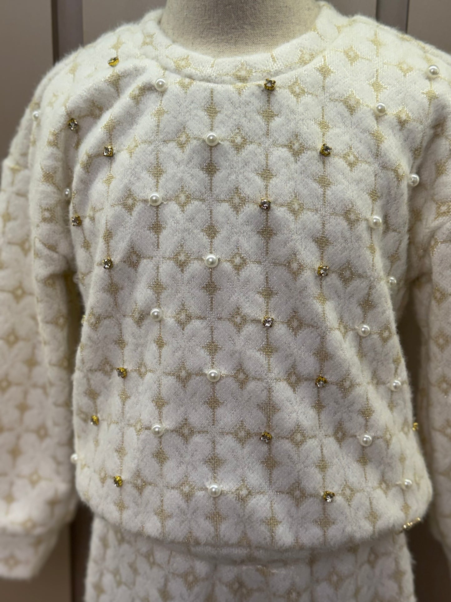 Conjunto Infantil Blusão e Calça Peluciado Lurex Bordado Manual Off White - Luluzinha