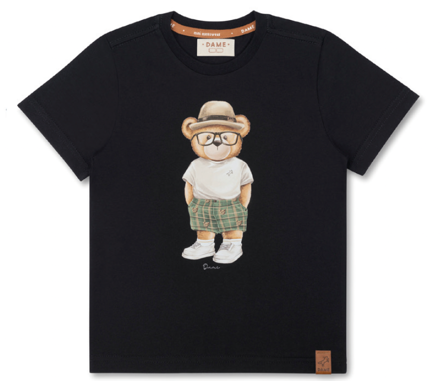 Camiseta Infantil Teddy Chapéu Panamá Preta - Dame