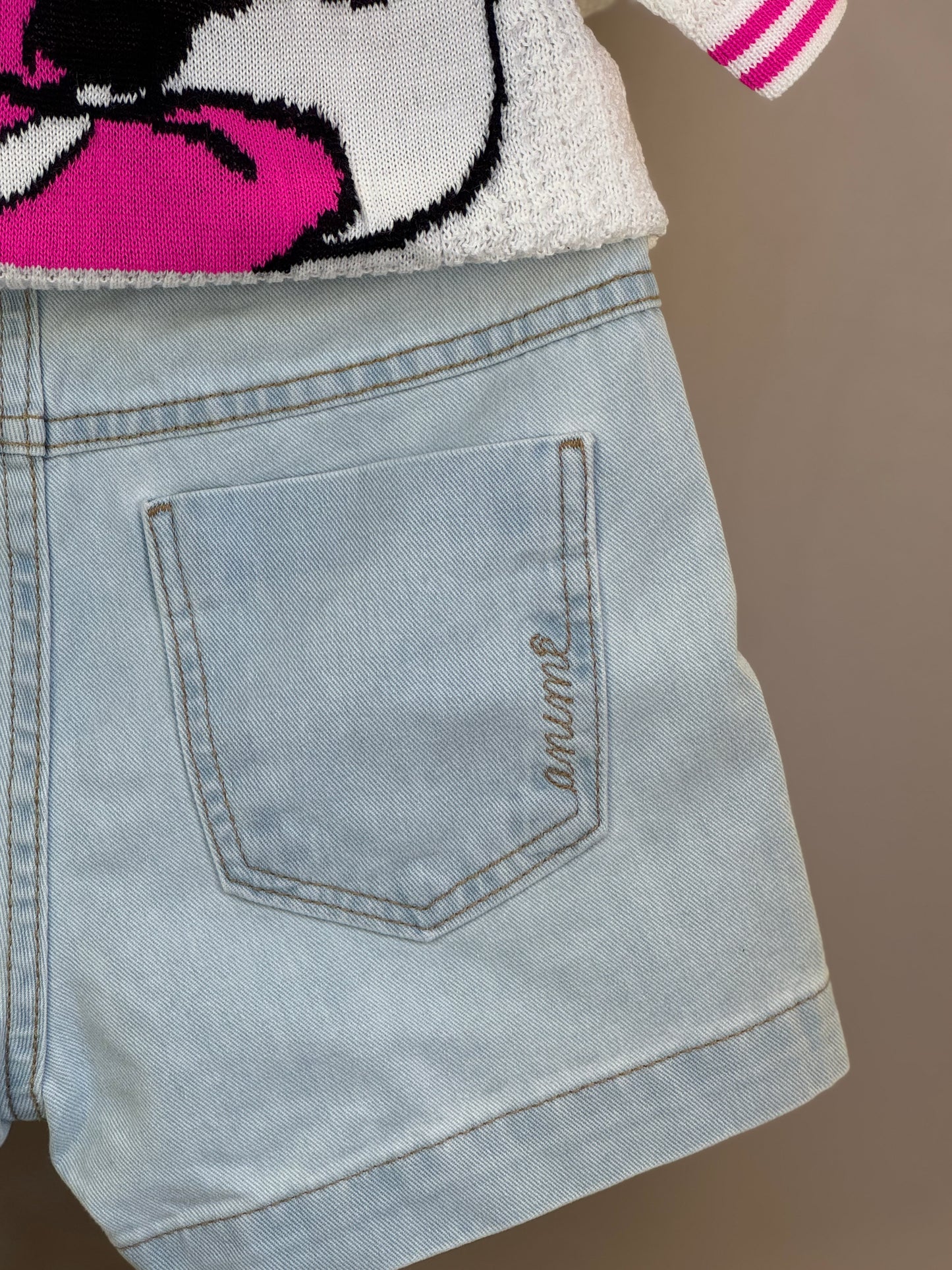 Conjunto Infantil Blusa Tricot Minnie Tennista e Shorts Jeans Strass Rosa - Animê