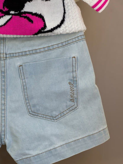 Conjunto Infantil Blusa Tricot Minnie Tennista e Shorts Jeans Strass Rosa - Animê