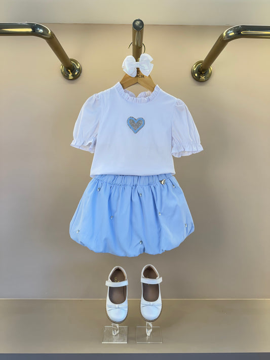Conjunto Infantil Blusa MC com Coração Off White e Saia Bubble Azul Cristal - Gabriela Aquarela